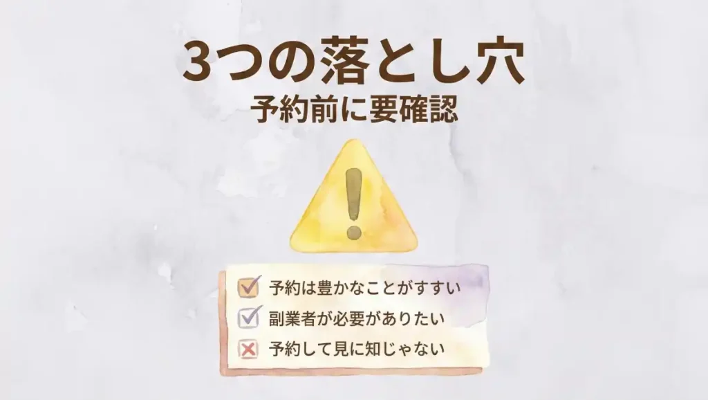 休暇村ずらとく予約時に見落としやすい3つの落とし穴(名称ギャップ・予約経路・キャンセル規定)を注意マーク付きで示す水彩チェックリスト