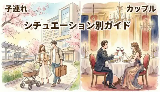 子連れファミリーが駅前ホテルに到着するシーンとカップルがクラシックなダイニングで食事するシーンを左右に並べた水彩画風イラスト