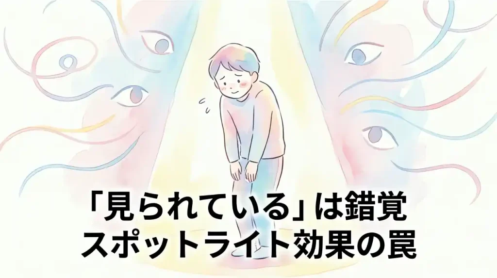 スポットライト効果の罠を解説する、「周囲の人に見られている」と錯覚して肩をすくめている人物の水彩画風イラスト