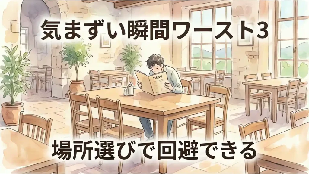 広めのレストランのテーブル席でぽつんと一人座ってメニューを見る人物を描いた、一人旅の気まずい瞬間を示す水彩画風イラスト