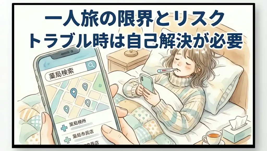 一人旅のトラブルは自己解決が必要であることを示す、熱を測りながらベッドで休む人物とスマホの薬局検索画面の水彩画風イラスト