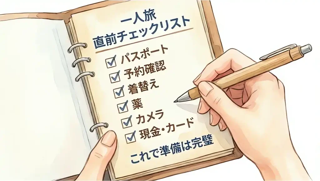 全ての準備が完璧であることを示す、項目が印字されたバインダーの一人旅直前チェックリストと確認する手の水彩画風アップイラスト
