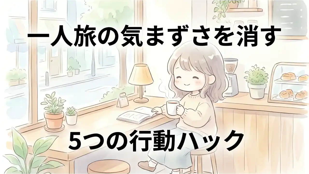 一人旅の気まずさを消す5つのハックをテーマにした、パステルカラーで優しく描かれたカフェでリラックスする人物の水彩画風イラスト