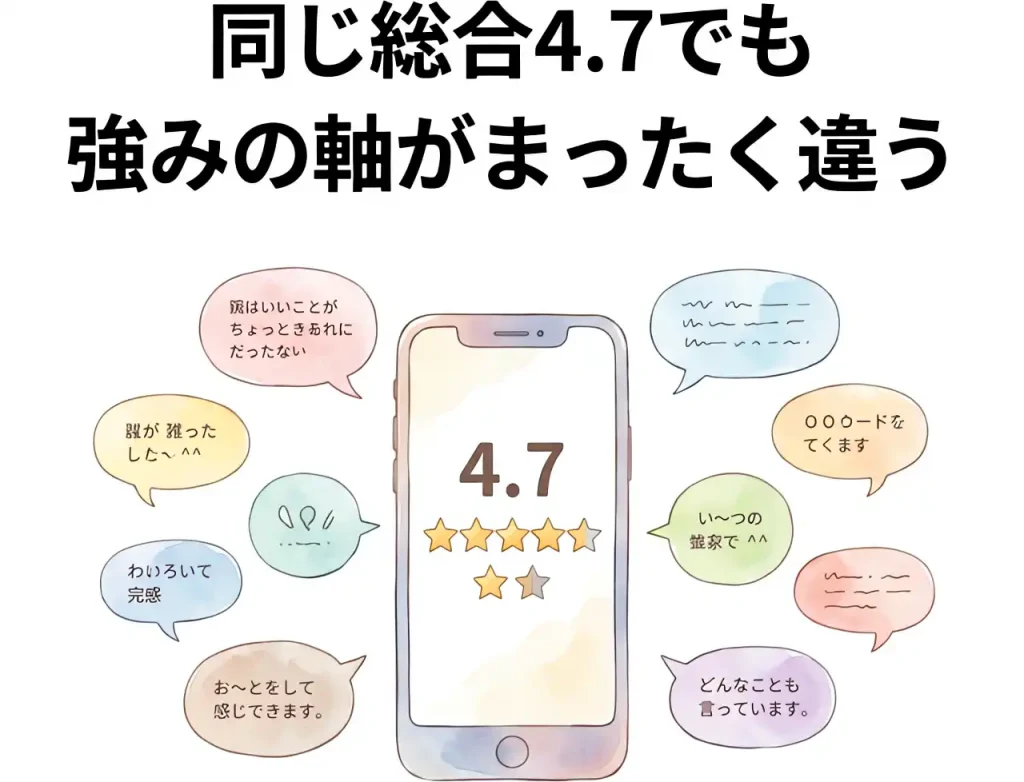 じゃらん総合評価4.7の星が示されたスマートフォンの周囲に、泉慶と華鳳それぞれの異なる強みを反映した宿泊者の口コミ吹き出しが並ぶ様子