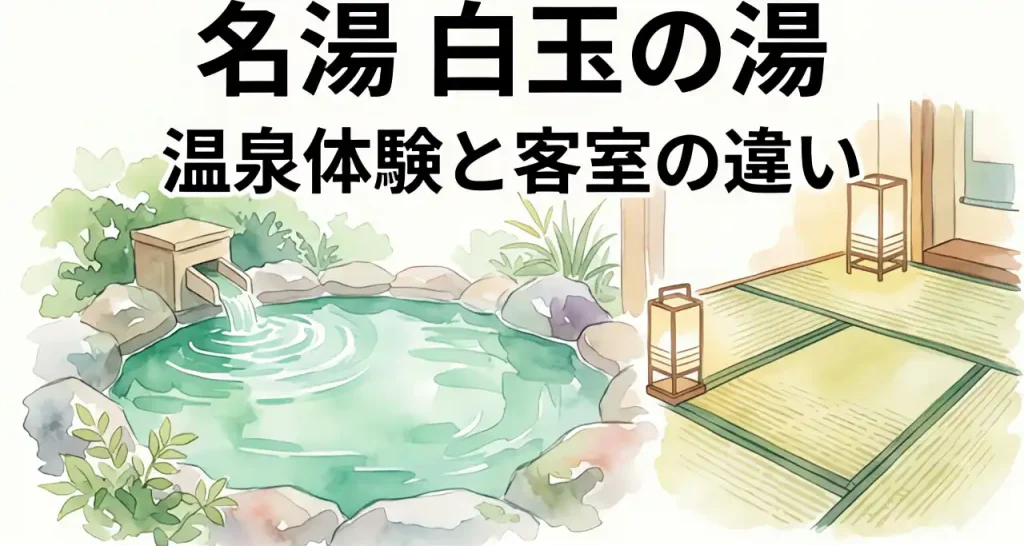 白玉の湯の特徴であるエメラルドグリーンの露天風呂と、落ち着いた雰囲気の純和室に置かれた行燈(あんどん)を描いた水彩イラスト
