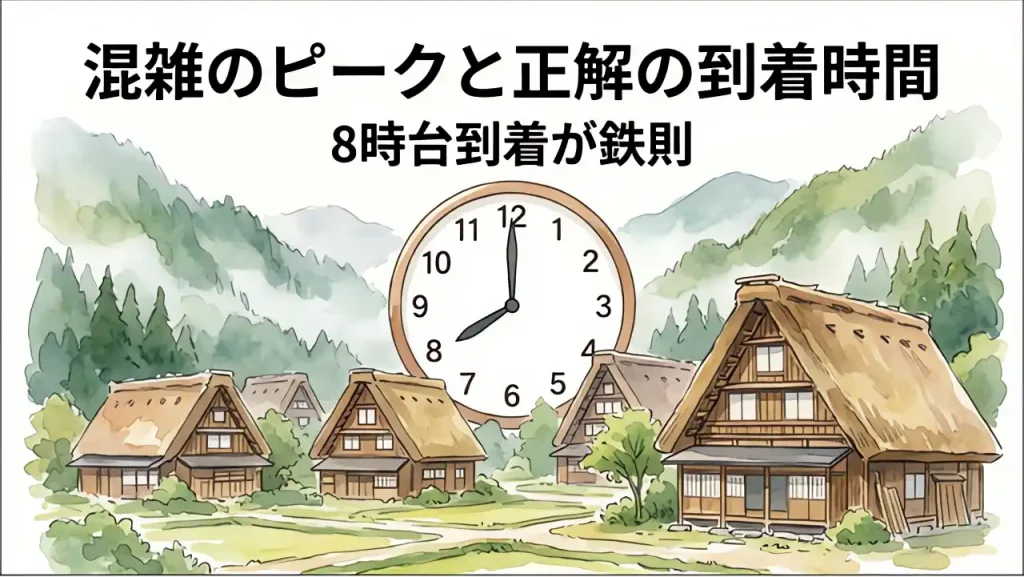 白川郷の駐車場混雑を避ける正解の「朝8時台到着」を示す時計と早朝の合掌造り集落の風景
