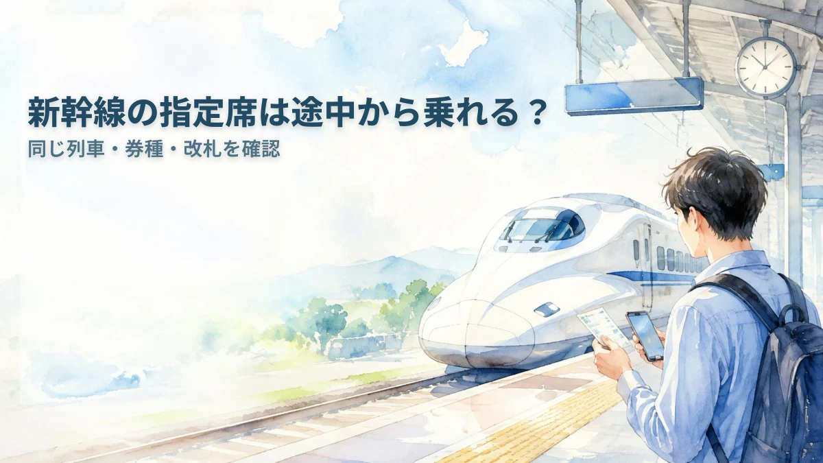 途中駅のホームで、到着する新幹線を待ちながらきっぷとスマートフォンを確認する旅行者の水彩画。